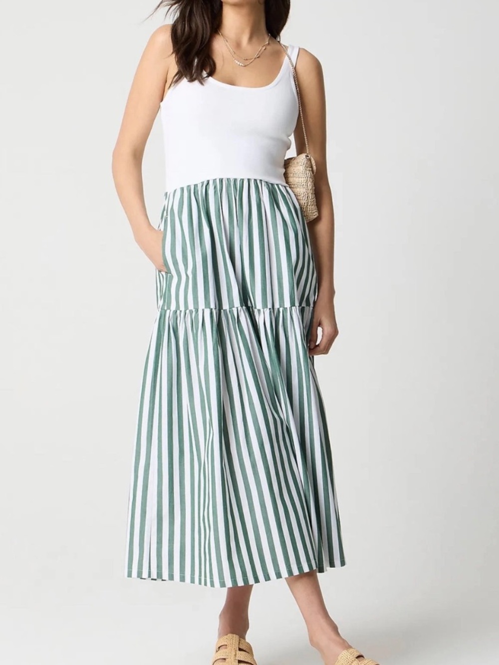 J. Crew Green and White Tiered Maxi Dress